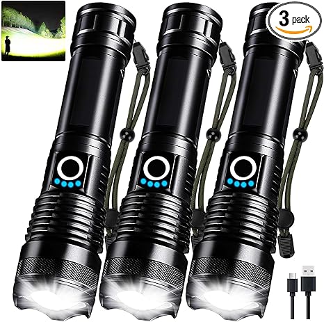 3 Pack Rechargeable LED Flashlights High Lumens, 9000LM Super Bright Flashlight, Adjustable 5 Modes Powerful Flash Light with USB Cable, Waterproof Handheld Flashlight for Home Camping Emergencies