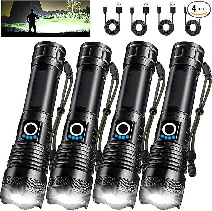 4 Pack Rechargeable LED Flashlights High Lumens, 9000LM Super Bright Flashlight, Adjustable Powerful Flash Light with USB Cable & 5 Modes, Waterproof Handheld Flashlight for Home Camping