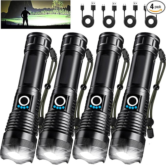4 Pack Rechargeable LED Flashlights High Lumens, 9000LM Super Bright Flashlight, Adjustable Powerful Flash Light with USB Cable & 5 Modes, Waterproof Handheld Flashlight for Home Camping