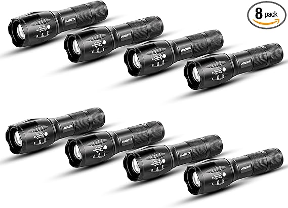 8 Pack LED Emergency Handheld Flashlight, Adjustable Focus, Water Resistant with 5 Modes, Best Tactical Torch for Hurricane, Camping, Dog Walking