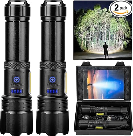Rechargeable Flashlight, High Lumens Super Bright Flash Light, 7 Modes with COB Work Light, IPX6 Waterproof, Powerful Handheld LED Flashlights for Home Camping Hiking